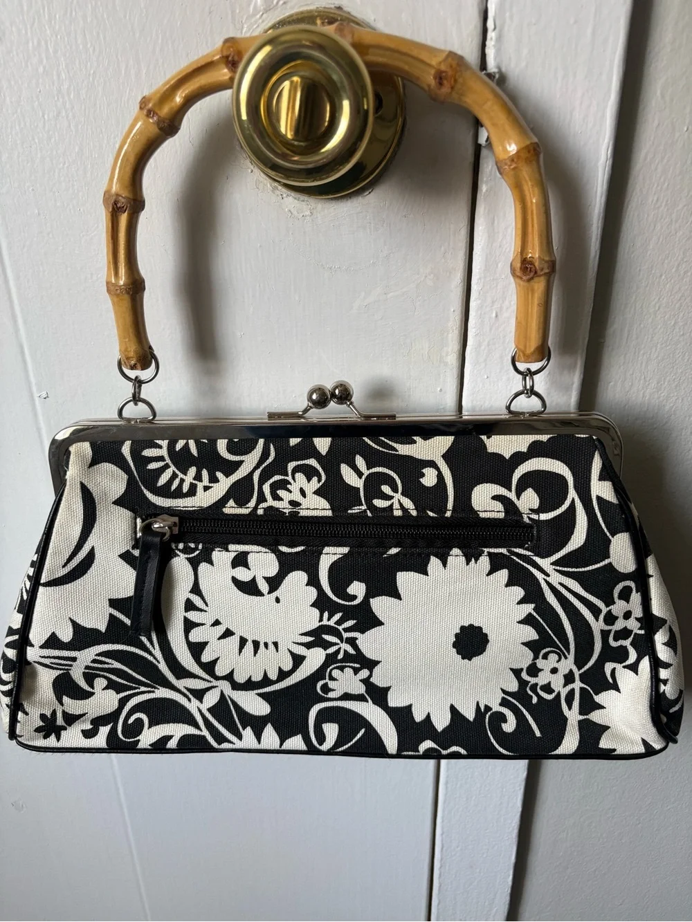 White House Black Market Black and White Canvas Floral Purse Bag - Preused